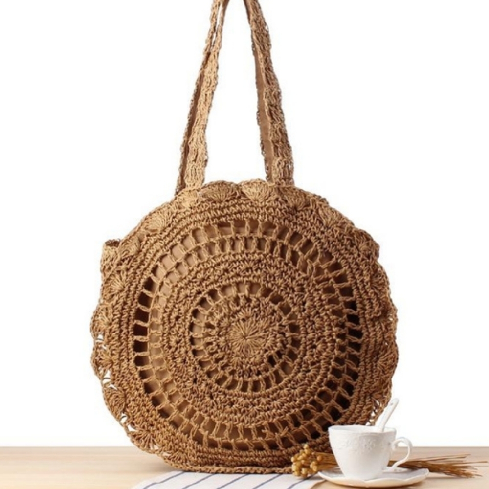 SALE Circle Handmade Crochet Shoulder Tote Bag Lined Zipper Light Brown Boho - Picture 1 of 13